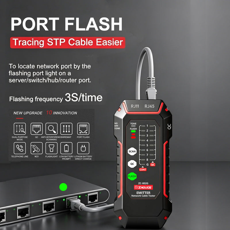 Network Cable Tester, RJ45/RJ11 Wire Tracer and Line Finder, Tone Generator Ethernet Cable Tester, Cable Tracer for LAN/POE /Cat5/Cat6 Networks, Cable Verification and Telephone Line Testing ZC-802G