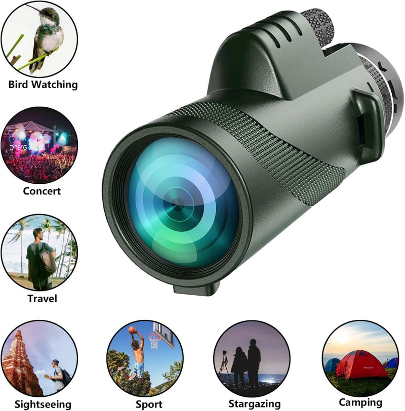 Monocular-Telescope 80x100 High Powered Monoculars High Definition for Adults High Powered with Smartphone Adapter Telescope Hunting Wildlife Bird Watching Travel Camping Hiking-Green green