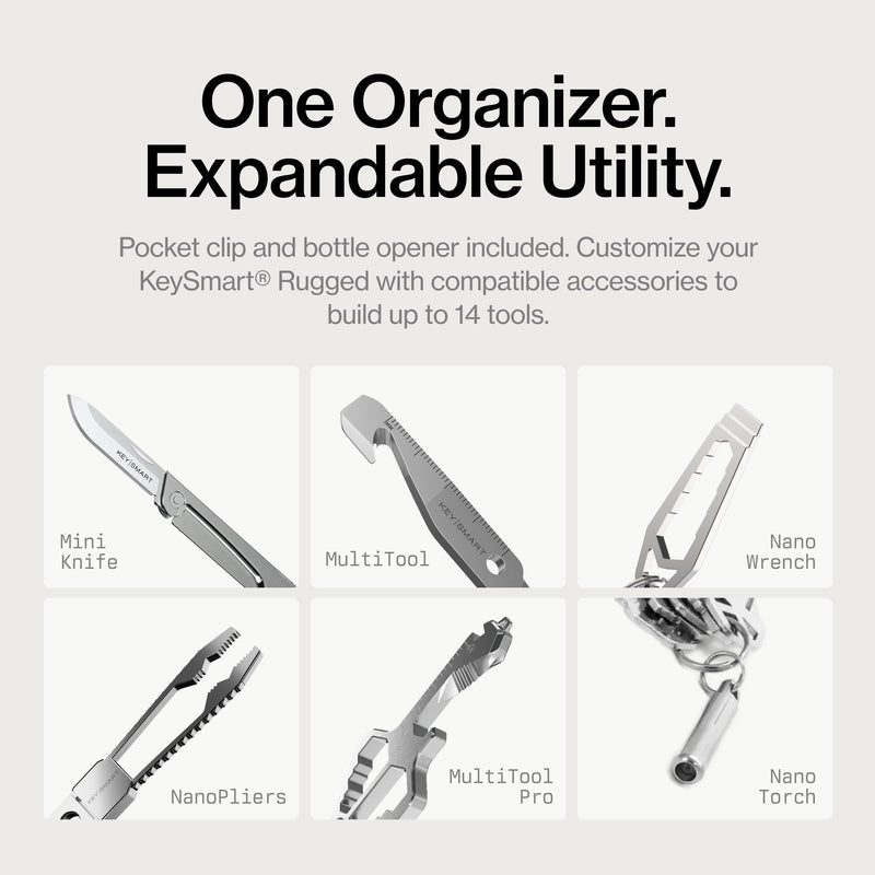KeySmart Rugged - Multitool Key Holder for Keychain w/Bottle Opener and Pocket Clip, Organizer for Keys, EDC Keychains, Ring for Car Fobs Key Chains, Expandable (Up to 14 Keys, Titanium)