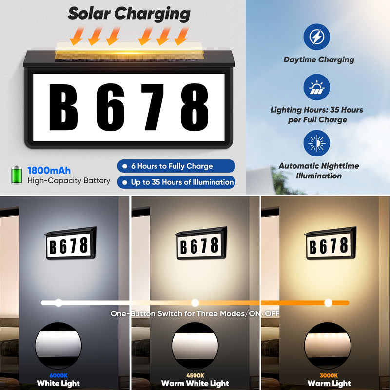 Solar-Powered LED Address Sign, IP65 Waterproof House Numbers with Dual Colors (3000K/6000K) for Door Mailbox Wall, Includes Mounting Kit