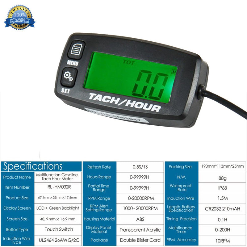 Engine Hour Meter Inductive Tachometer Backlit Gauge Digital Resettable Tach Hour Meter for Boat Motorcycle Marine Glider ATV Snow Blower Lawn Mower