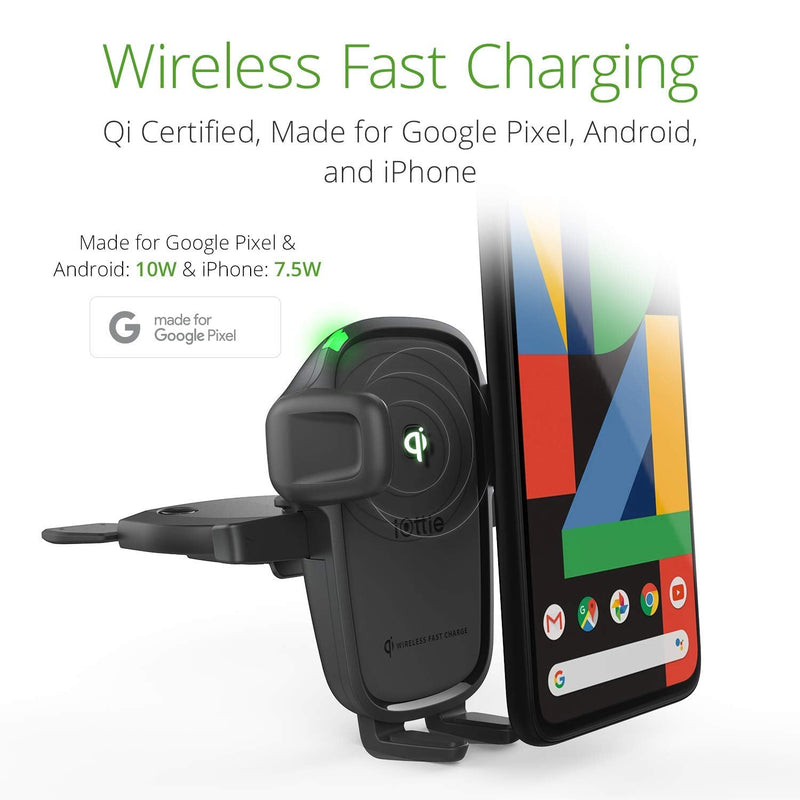 iOttie Car Charger Easy One Touch Wireless 2 Qi Charging CD Slot + Air Vent Combo Phone Mount for iPhone, Samsung Galaxy, Huawei, LG, Smartphones, Black