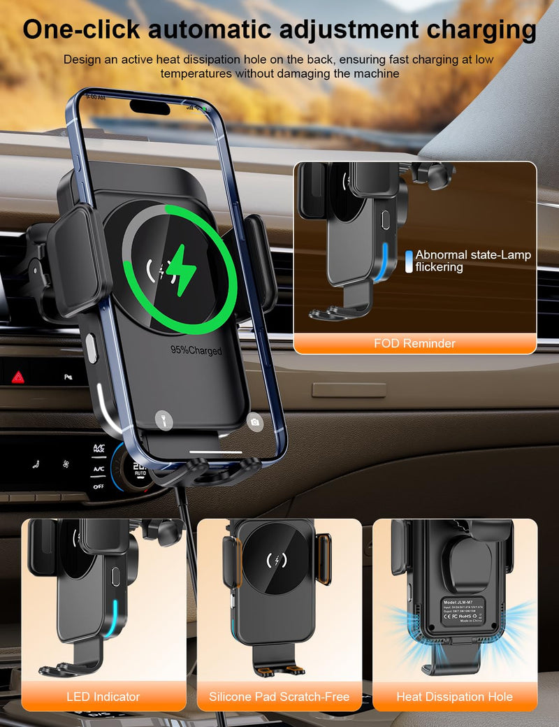Wireless Car Charger, 15W Car Phone Holder Charger for iPhone 17 16 Series | Auto Clamping & Alignment, 360° Rotation Hand Free Phone Holders for Your Car Dashboard Windshield Air Vent Car Accessories Black