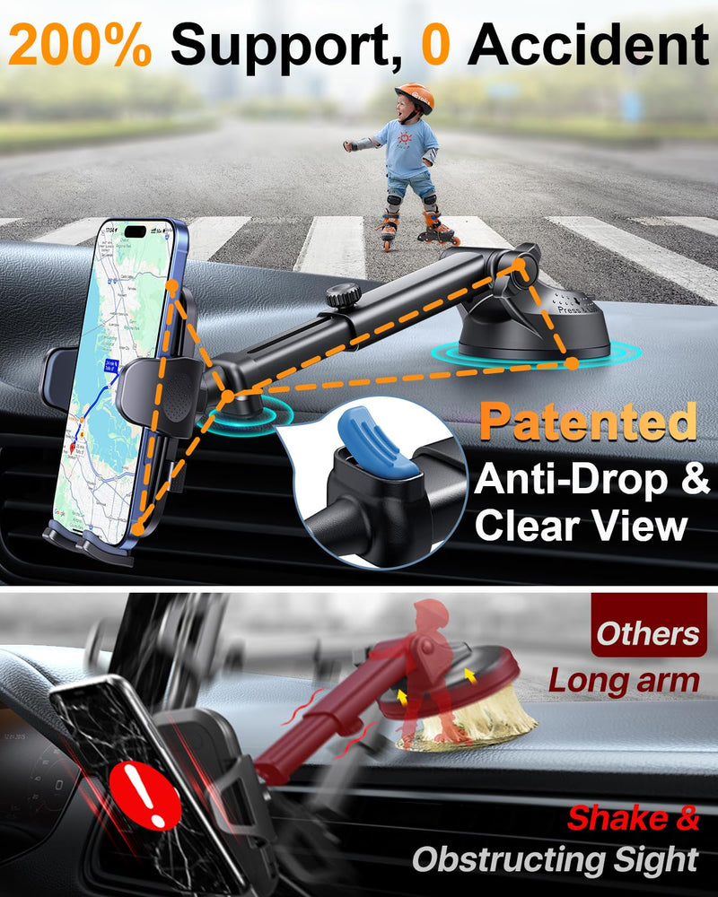 【2026 BEST & Military-Grade】Car Phone Holder Mount,【360° Rotatable Suction & 100+LBS Safest Strongest & Patent Certs】Dashboard Windshield Vent Truck Stand for iPhone 17 16 Pro Max Samsung, Matt Black