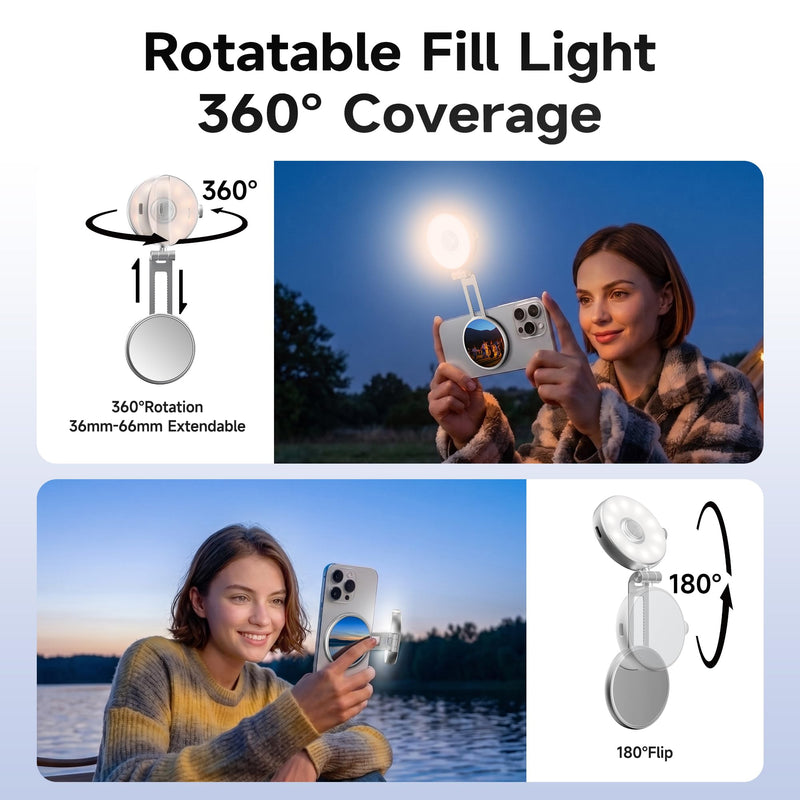 7RYMS 7Lite L1 Magnetic Selfie Light for MagSafe iPhone, LED Fill Light | CRI95 Lighting, 360° Rotation and Built-in Mirror. Magnetic Mount for Selfies, Video Call, Streaming and Photography (Silver) Silver