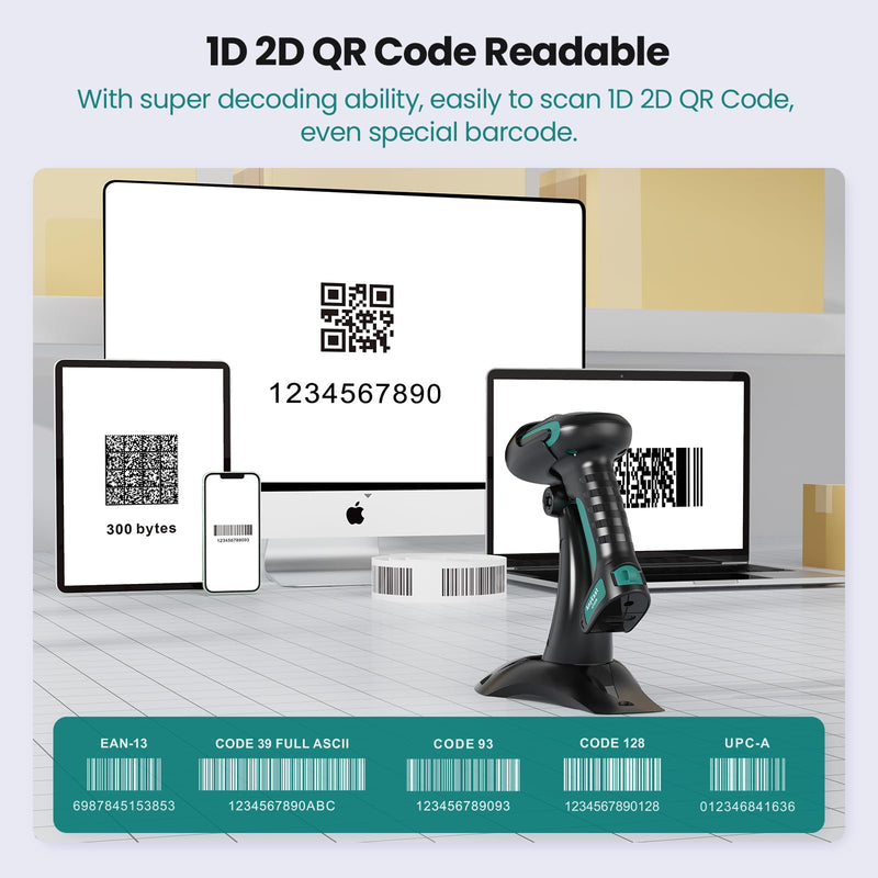 Wireless Barcode Scanner with Stand, Industrial 1D 2D QR Bluetooth Barcode Scanner with Drop Resistant Dustproof Waterproof,USB Bar Code Reader Scanner for Android, iOS, Windows Black