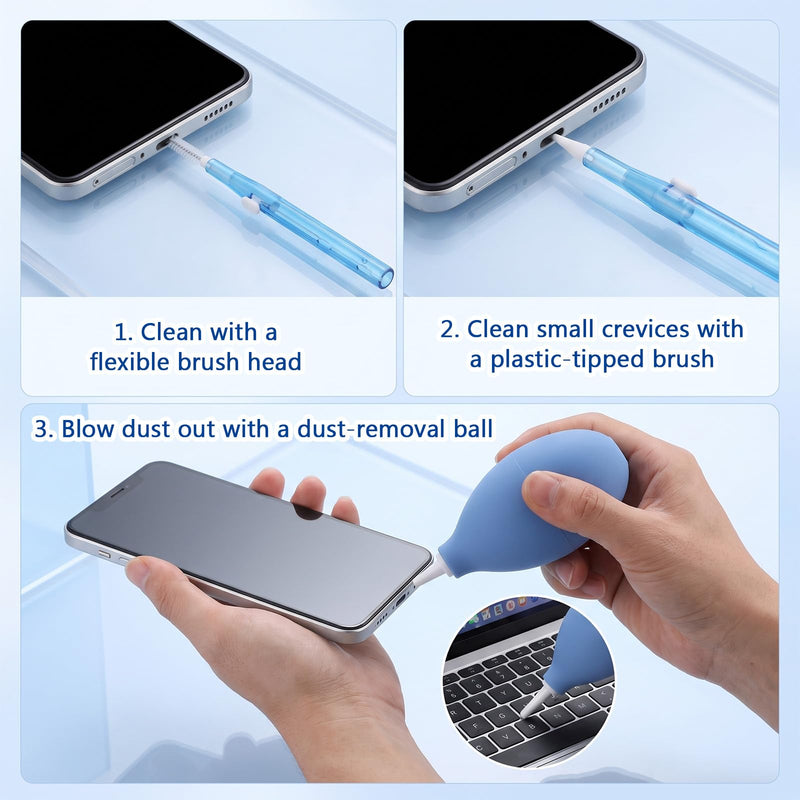 10Pcs Cell Phone Charging Port Cleaner with 1 Air Blower,Phone Cleaning Kit | Dual Sided Anti Clogging Nylon Brushes, Anti-Clogging Dust Remover for Clean Phone Charging Port, Speaker, Other Electronics