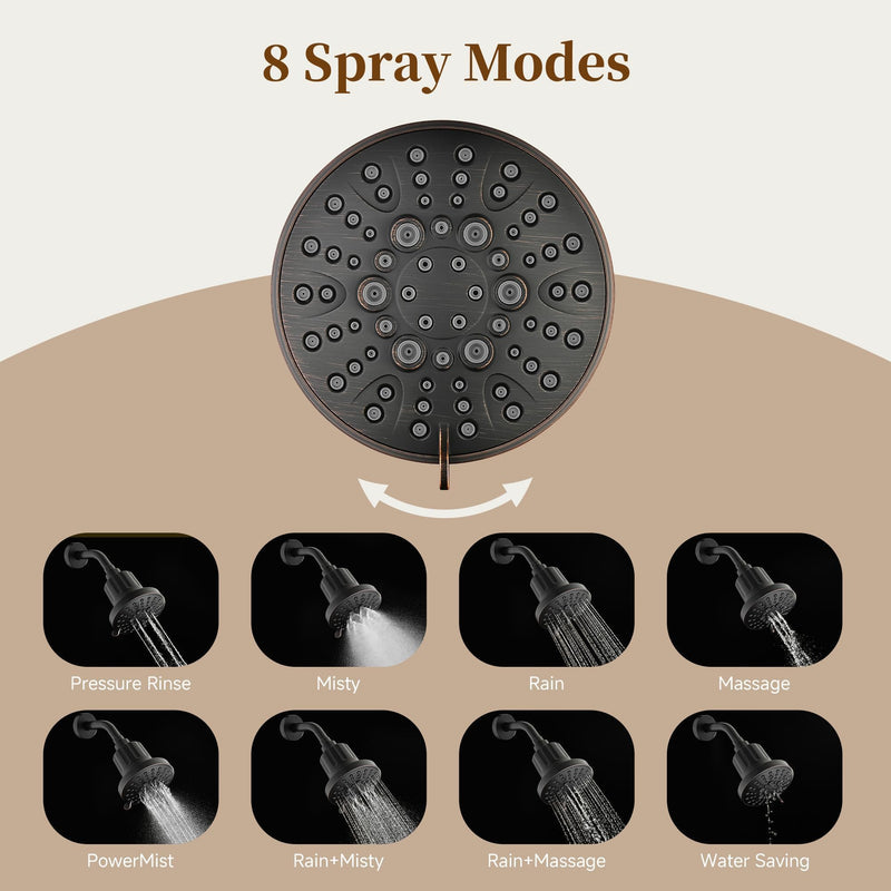 BRIGHT SHOWERS Filtered Shower Head, High Pressure Fixed Showerhead for Hard Water, Dual-Media Filter Removes Chlorine & Impurities, 8 Spray Modes, Oil Rubbed Bronze