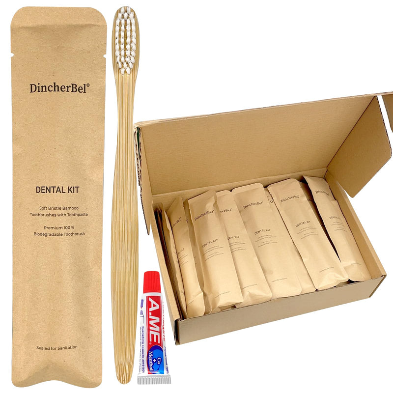 DincherBel Bamboo Toothbrushes Kit Bulk, Disposable Toothbrushes with Toothpaste(6g), Individually Wrapped Toiletries Amenities for Hotel, Airbnb, Homeless, Shelter, Camping and Travel (50 Pack) 50 Pack(Bamboo)