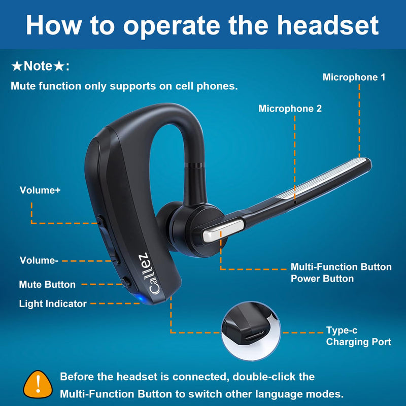 Callez Bluetooth Headset for iPhone Android Cell Phone Trucker Office Work | Bluetooth Earpiece V5.0 with CVC8.0 Dual Mic Noise Cancelling, Mute/Volume Buttons, Hands-Free Wireless Headset for Business Black