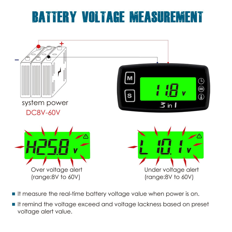 Runleader Digital Engine Temperature Gauge Volt Meter,Programmable Alert Reminder,Clock Display,Backlight Mode Selection for Generator Motorcycle Dirtbike ATV Outboard Motor Marine Snowmobile