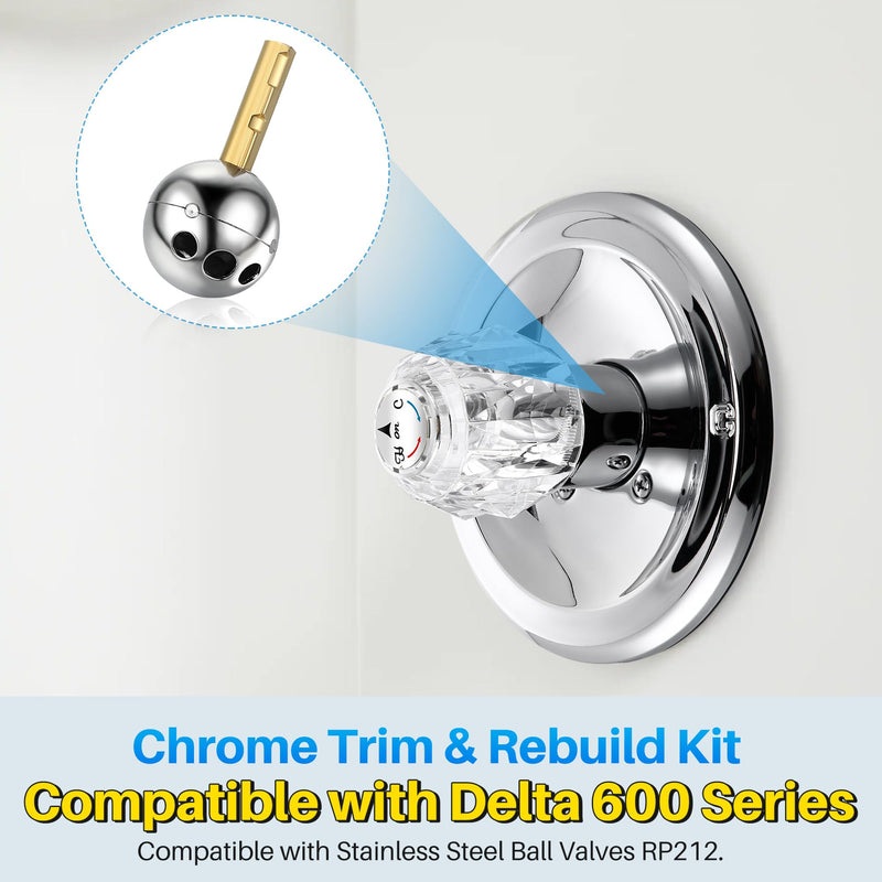 Shower Handle Renovation Repair Trim Kit Compatible with Delta RP54870, Single Function Tub Trim Kit Compatible with Delta 600 Series Shower Valve, Acrylic Handle(Chrome) Chrome