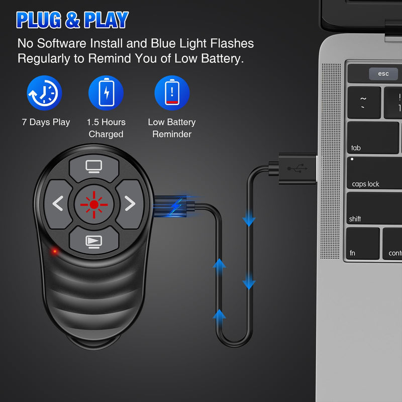 Rechargeable USB Type C Wireless Presentation Clicker, Finger Ring Clicker Powerpoint Clicker with Red Light & Volume Control, Wireless Presenter Remote Pointer for Slide MAC Computer PC Laptop Portable Finger Ring