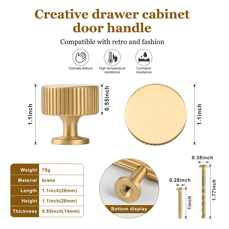 Urnew- Brushed Gold Cabinet Knobs 5 Pack Solid Brass Dresser Drawer Pulls Modern Cabinet Hardware for Cupboard Kitchen Bathroom Furniture Knobs Brush Gold