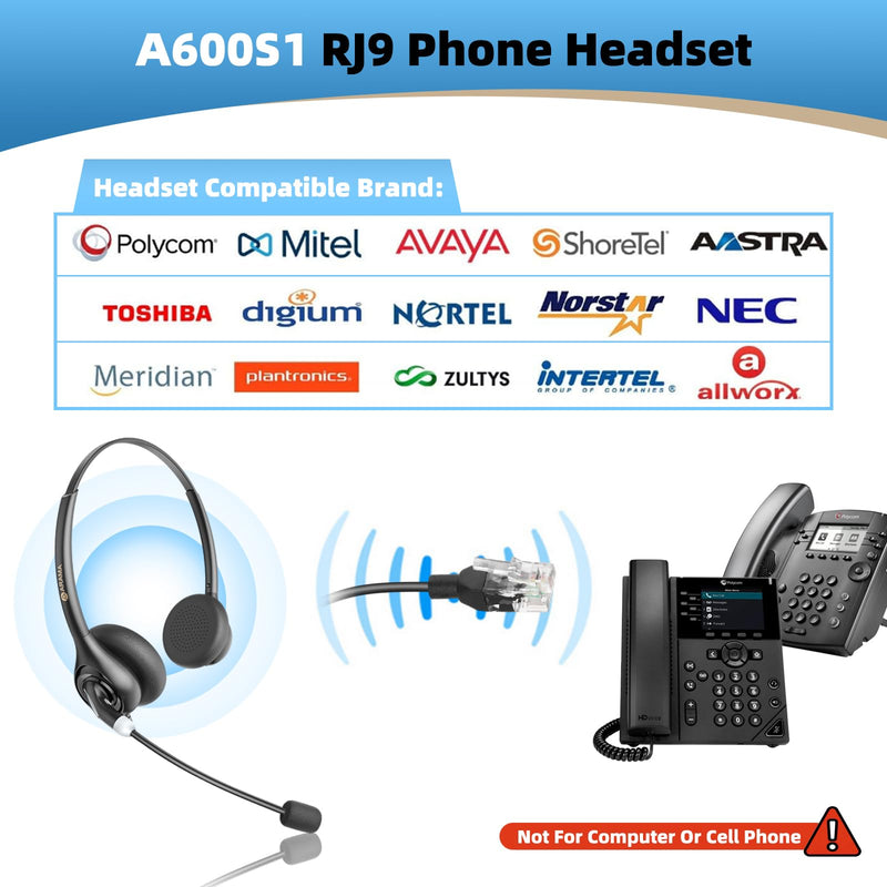 Arama Phone Headset for Office Phones for Polycom & Other IP Phones(A602S1) | Noise-canceling Mic, Metal Headband, Plug-and-play, Hands-Free, Call Center, Telemarketing, Office, Lightweight Design Black