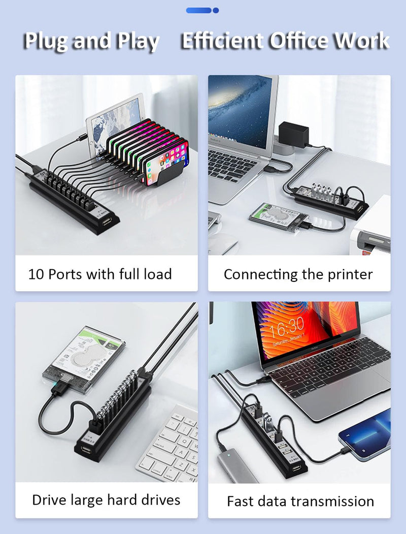 USB Hub 10-Ports, USB Hub Extender Network Splitter Adapter Fast Charging/Data Transfer with Powered, for MacBook, PC, Laptop, Mice, Keyboards USB Hub 10-Ports