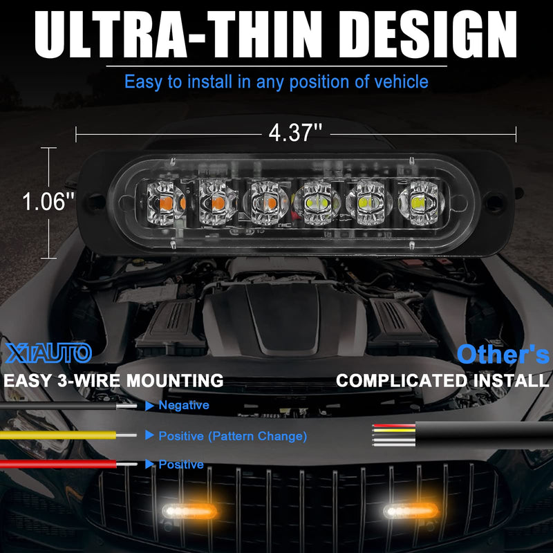 10pcs LED Emergency Strobe Light, Amber White 6-LED Ultra Slim Surface Mount Flashing Warning Hazard Caution Light Bar for Car Truck Off Road Vehicles