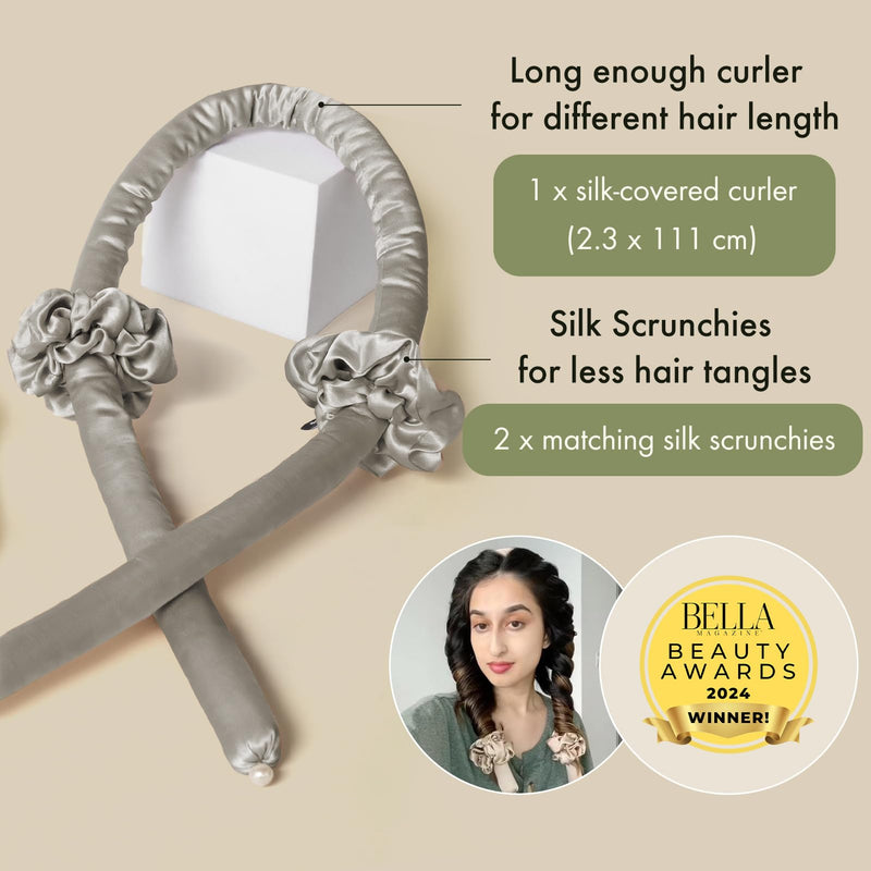 LILYSILK Heatless 100% Mulberry Silk Curling Headband And 2 Silk Scrunchie Set Hair Diy Hair Styling Tools, Silvergray