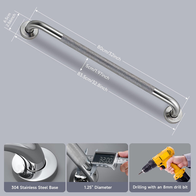 32 Inch Shower Grab Bar 1.25" Dia,Brushed Nickel Anti Slip Bathroom Grab Bar, 304 Stainless Steel Knurled Handicap Grab Bars, Safety Support Handrail, Bath Shower Handle for Elderly Injury Senior 32 Inch-1Pack Satin Brushed Nickel