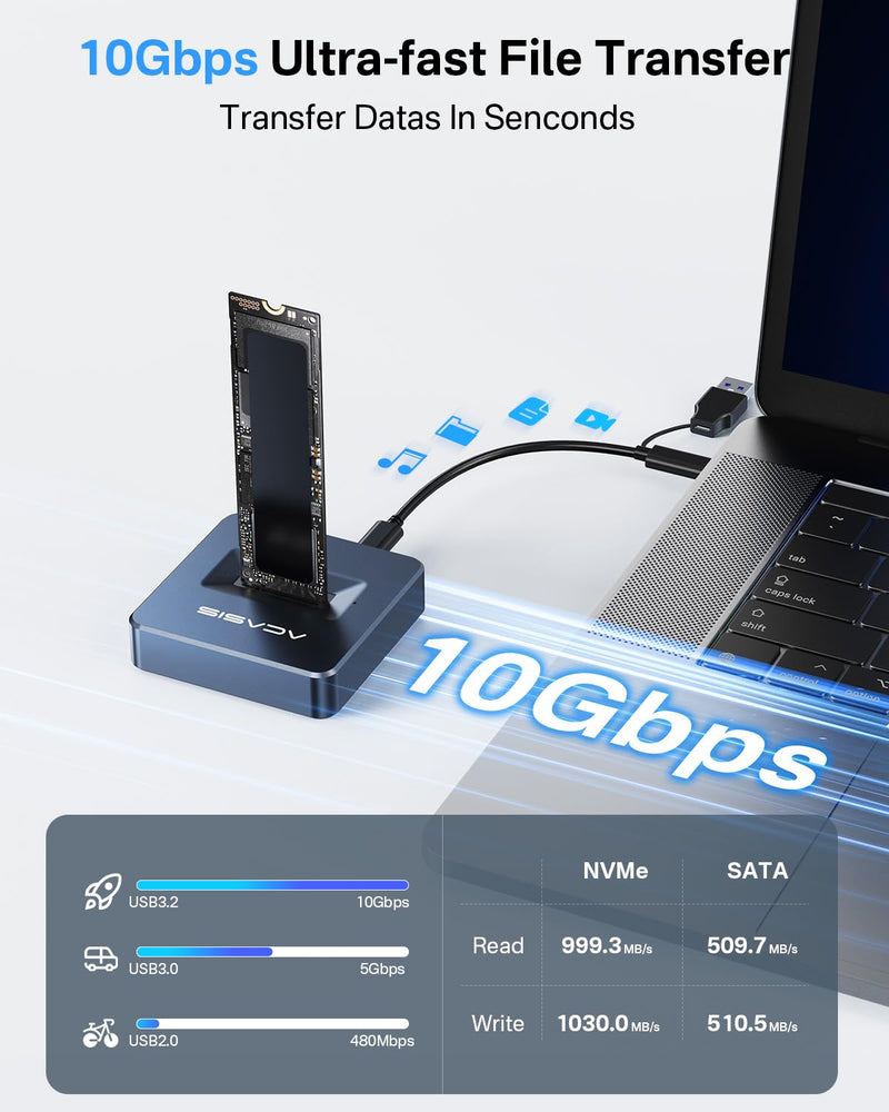 ACASIS NVME to USB Docking Station, Aluminium Alloy Housing, Fast Heat Dissipation, M.2 SSD Adapter 10Gbps, Support M.2 NVMe & SATA-Based SSDs