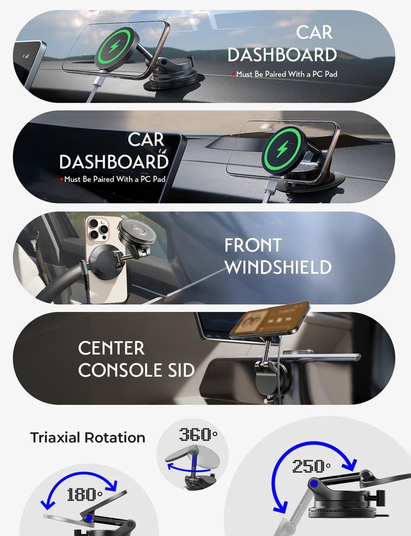 LISEN 15W Magsafe Car Mount Charger，[Lever Lock] Suction Cup Phone Holder,360° Vacuum Magnetic Car Phone Holder Charger Wireless for iPhone 17 Pro Max Air 16-12,Pixel 10,Samsung with MagSafe Case Black