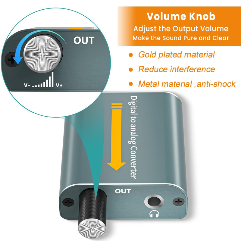 192kHz Optical to 3.5mm Digital to Analog Audio Converter with Volume Control, Aluminium Digital Optical to RCA Adapter Built-in Amplifier Chip with SPDIF Cable and 3.5mm to RCA Cable DAC Converter 1