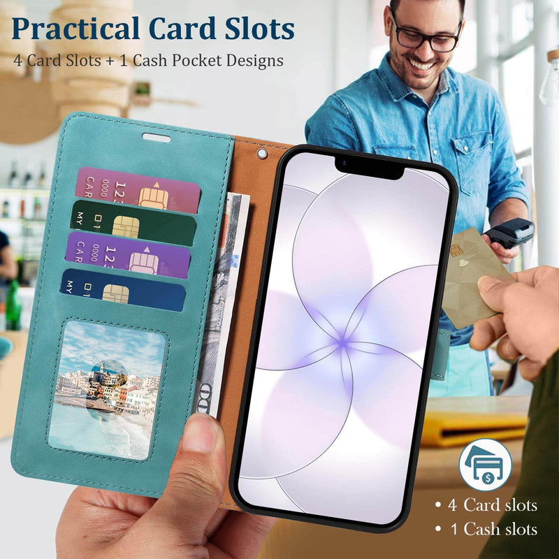 RFID Blocking for iPhone 17e Wallet Case 6.1", Card Holder (Green) | 4 Card Slots, Wrist Strap, Soft PU Leather, Shockproof Protective, Stand, Flip Cases, Magnetic Closure, Folio Cover Green