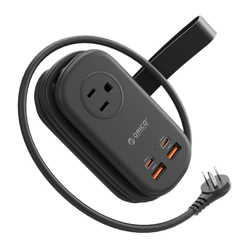 ORICO 65W GaN Travel Power Strip with 3 Outlets & 4 USB Ports (2 USB C) | 4FT Flat Plug Extension Cord with Cord Wrap Design, Compact USB C Charger for Cruise Home Office Dorm Laptop Black