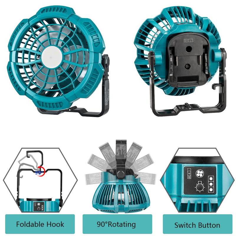 Fan for Makita 14.4V-18V Li-Ion Battery, Portable Camping Fan with Remote, 3 Speed Brightness, 4H Timer, Foldable Hook Rechargeable Cordless Jobsite Small Personal Fan
