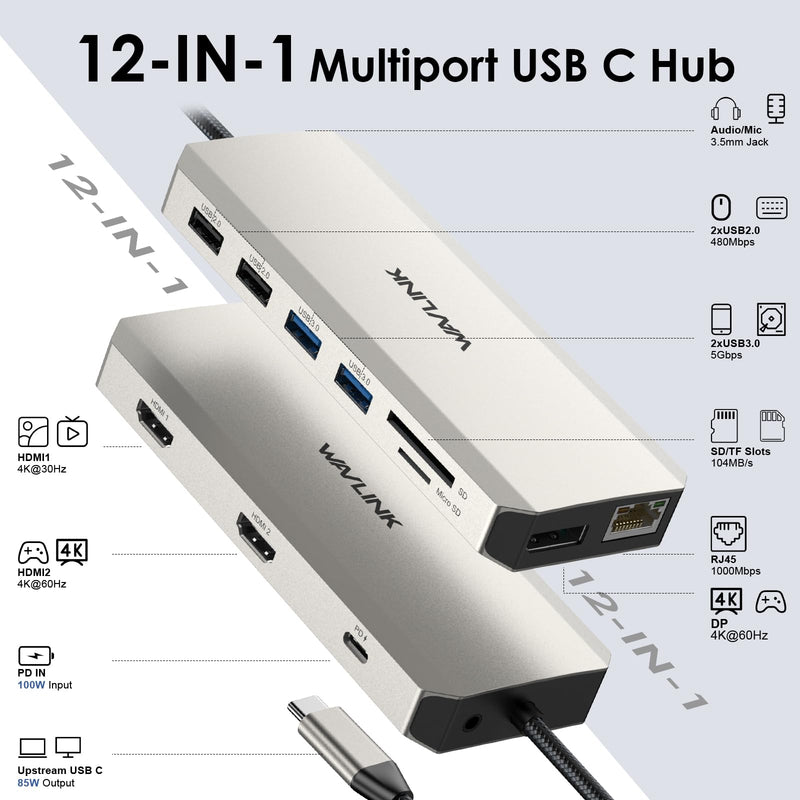 WAVLINK USB C Docking Station Dual Monitor, USB C Hub Laptop Triple Display, USB to 2 HDMI,DisplayPort, PD Charging,Ethernet,5 USB,SD/TF Card Reader,Audio for MacBook, Dell, HP, Lenovo, Surface Sliver