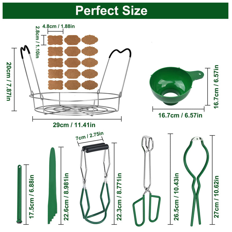 Canning Supplies Boxed Set, Canning kit, Stainless Steel CanningSet, Canning Supplies Starter kit, Jar Lifter, Folding Rack, Tongs, Multifunctional Canning Tools, Funnel for Mason Jars 7pack with label Green