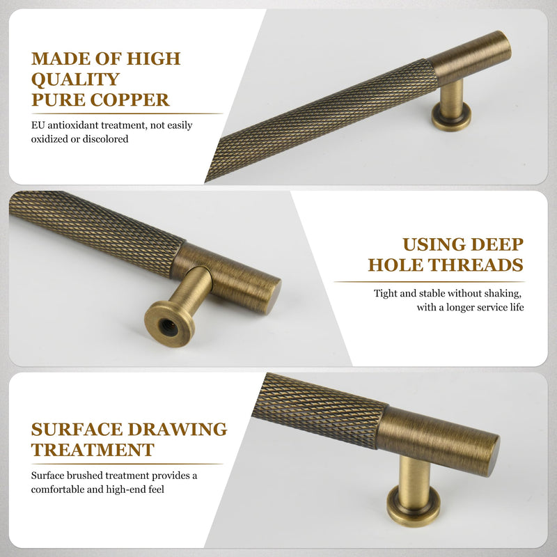 2 Pack Antique Solid Brass Cabinet Handle, 6-1/4 inch（160mm） knurled Dresser Drawer pulls, Vanity Bathroom Cupboard Wardrobe Household Door Hardware 6-1/4 Inch Hole Center 2 Pack Antique Brass