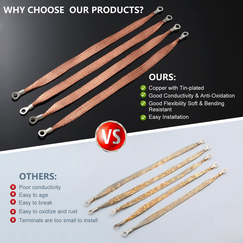 4PCS Universal Automotive Flat Braided Copper Ground Strap, 12" x 1/2" Professional Engine Grounding Cable Straps with Terminal Plugs,Vehicle Ground Strap, Tinned Copper Grounding Strap Wire for Cars 4PC 12Inch