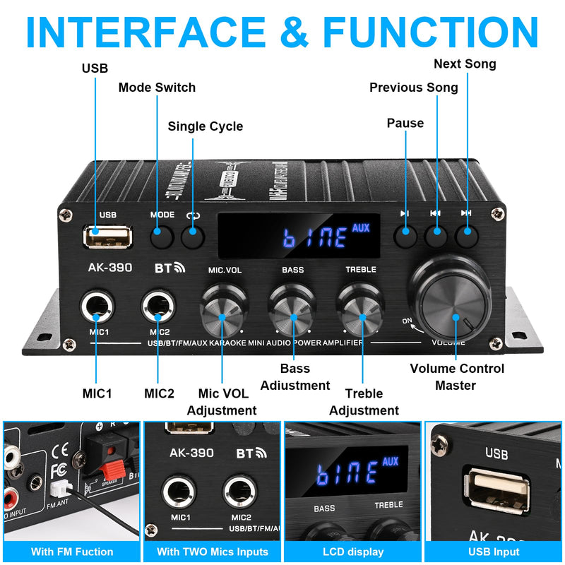 Stereo Audio Amplifier, 2.0 CH Mini HiFi Stereo AMP Bluetooth 5.0 Amp Receiver with 400W+400W, FM, AUX, USB, Microphone Input, 12V 5A Power Supply, Power Amplifier for Car Home Bar Party 400W*2