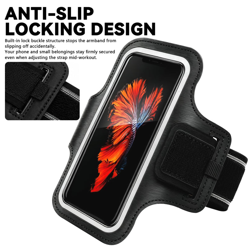 Running Armband with Card Slot, Black | Cell Phone Arm band for iPhone 17 16 15 14 13 12 Pro Max Plus Samsung Galaxy Ultra S26 S25 S24 S23 S22 S21 1 Pack