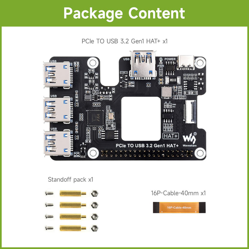 Waveshare PCIe to USB 3.2 Gen1 HAT for Raspberry Pi 5, PCIe to USB HUB, 4X High Speed USB Ports, No Driver Required, Plug and Play, HAT + Standard