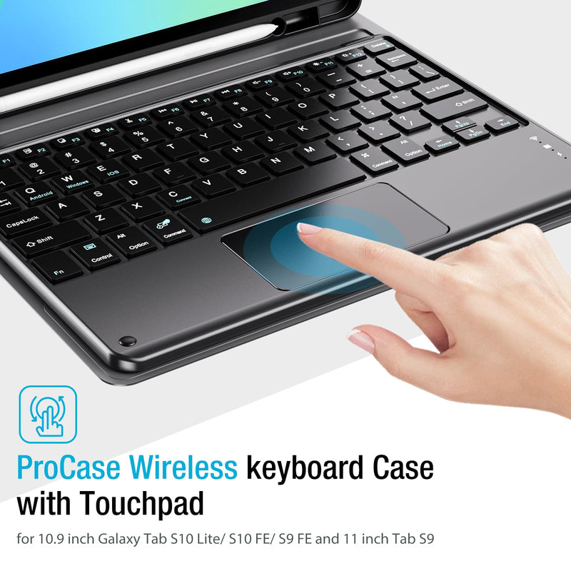 ProCase Keyboard Case for Galaxy Tab S10 FE/S10 Lite 10.9-Inch -Black | Fits Galaxy Tab S9 FE 10.9" & S9 11", Detachable Wireless Keyboard Folio Cover with Touchpad, Pencil Holder, Type-C Charging Black