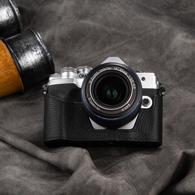 E-M10 Mark IV Vintage Genuine Leather Camera Case，Half-Wrap Camera Protector For Olympus OM-D E-M10 Mark IV (Black set) Black set