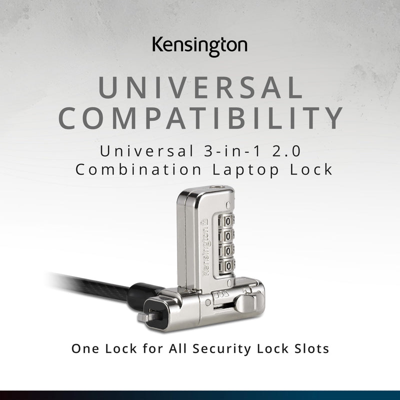 Kensington Universal 3-in-1 2.0 Combination Laptop Lock, fits T-bar, Nano, N17, Wedge-shaped Lock Types, 6-foot Computer Security Locking Cable, Compatible with Dell, HP, Lenovo - Resettable, K63394WW Upgraded - 1 Tip Combo Lock - Universal