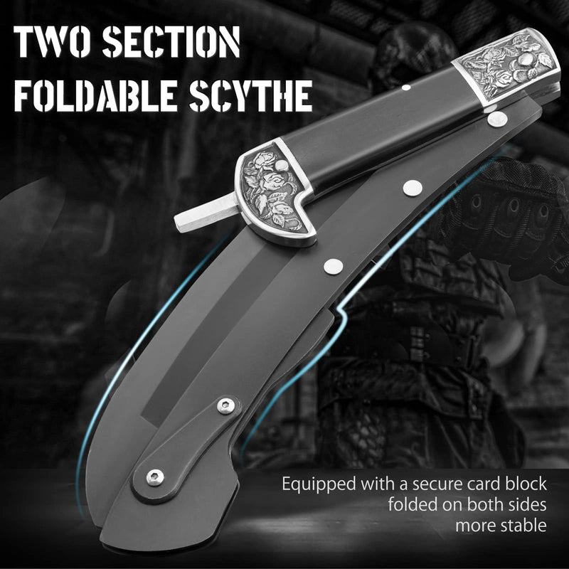 VALHALLA Folding Sickle, Black Sharp Folding Scythe with 2 Sections, Hand Sickle Knife Wooden Handle, Portable Safety Sickle Knife with Sheath