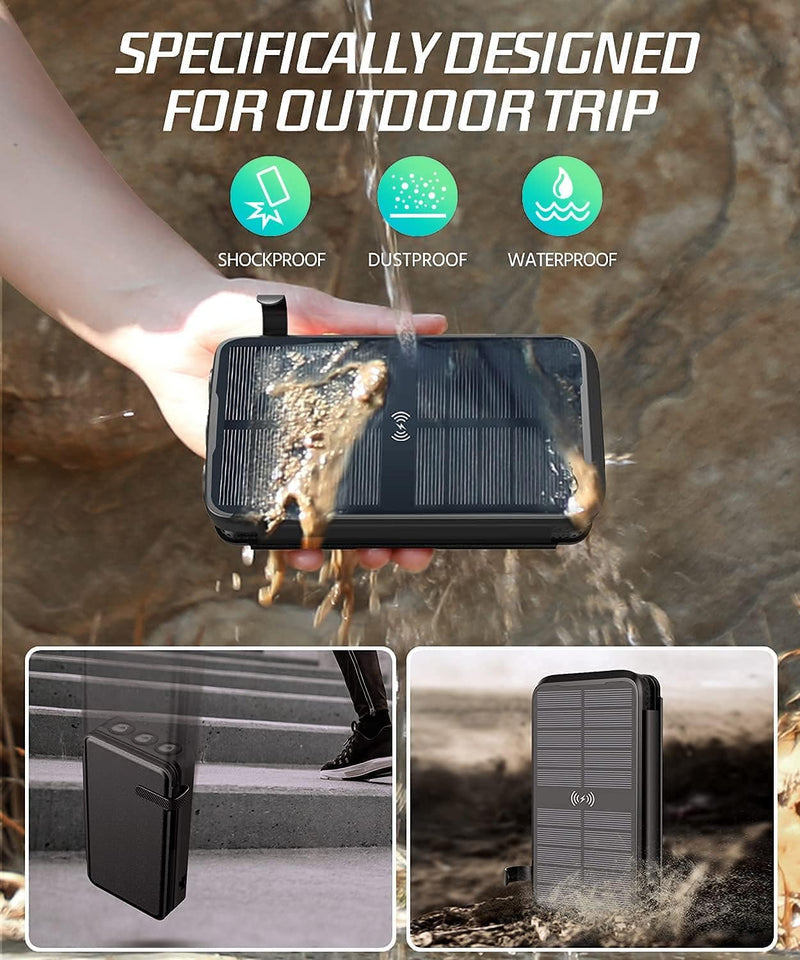 superallure Solar Charger, Power Bank, Portable Charger,43800mAh QC3.0 Fast Charger Qi 10W Wireless Charger 4 Solar Panel Built-in 2 Kinds Output Cable and 680Lumen flashlights Black