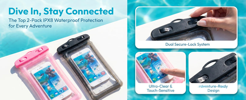 2 Pack Waterproof Phone Pouch Underwater Dry Bag Ultra-Clear Dual-Sided Touchscreen Case with Lock Seal for Swimming Snorkeling & Beach-Pink-Black Pink-Black