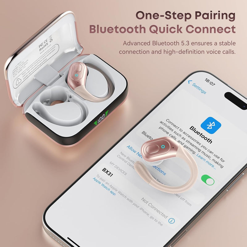 sajawass Wireless Earbuds Bluetooth 5.4 Headphones, IPX7 Waterproof Earphones, Over-Ear Earphones, Noise Canceling Ear Buds with 75hr Playtime, LED Power Display for Sports/Workouts - Rose Gold