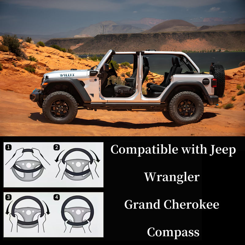 Leather Steering Wheel Cover for Jeep Wrangler Grand Cherokee Compass, 14.5-15 inches Car Steering Wheel Cover with Non-Slip Breathable (Blue) Blue