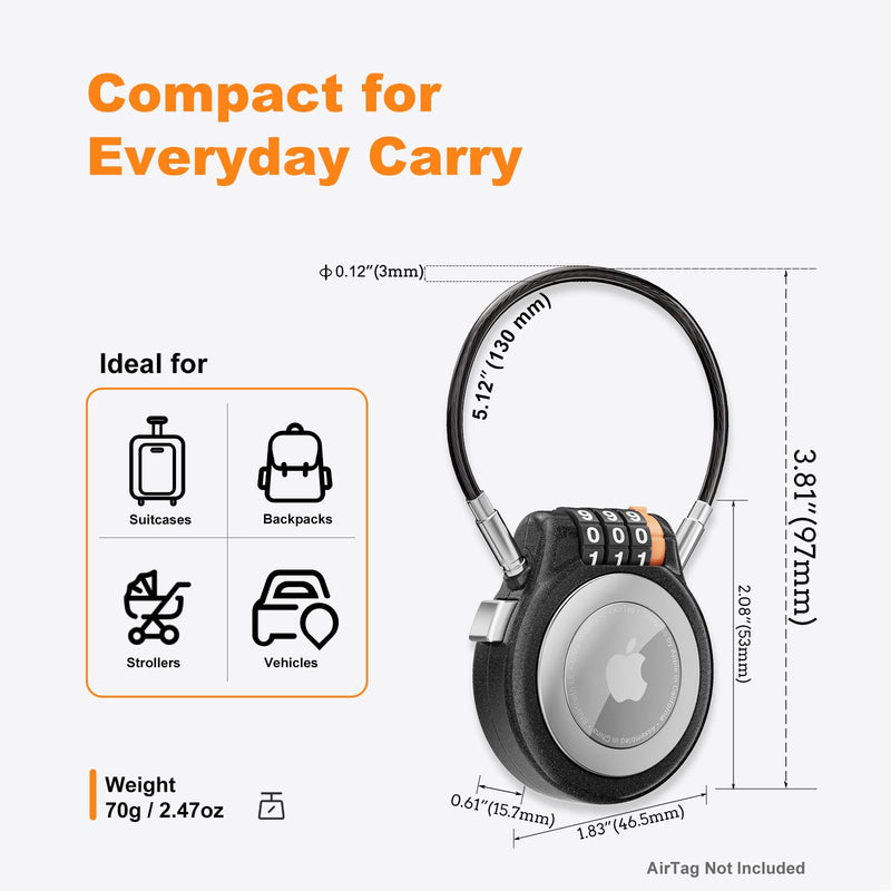 Lockable AirTag Holder Case Compatible with Apple AirTag 2 Pack | Secure AirTag with Metal Case, Steel Cable and Combination Lock, Firmly Attach Tracker to Luggage, Backpacks and Travel Gear Balck+Black