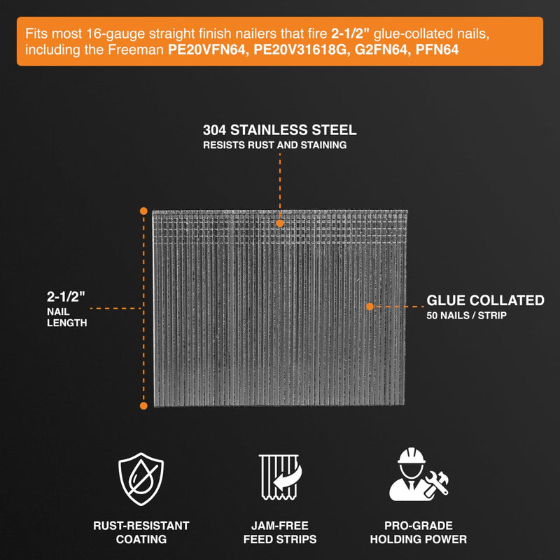 Freeman Stainless Steel Straight Finish Nails | 16 Gauge | 2-1/2" | Glue Collated | 1,000 Count | Indoor & Outdoor | Trim, Moulding, Cabinetry, Furniture Construction, Door & Window Casing | SSSF16-25