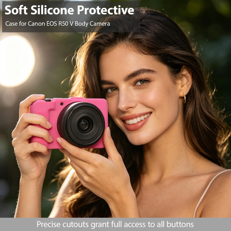 Case for Canon EOS R50 V Body Camera, Skin, Anti-Scratch, Soft Silicone Rubber Sleeve Protective Case Cover with Screen Protector, Wrist Strap Accessories for R50V - Rose Red