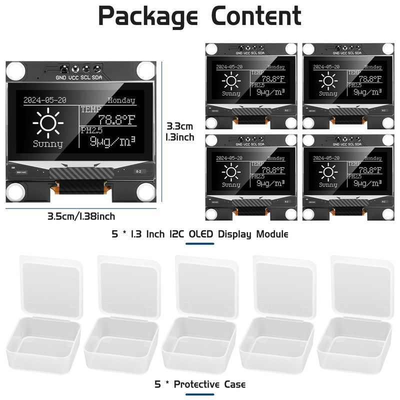 5pcs Pre-Soldered 1.3 Inch I2C OLED Display Module 128 x 64 Pixel SSD1306 Driver Self-Luminous Display Board with Protective Case for Arduino/Raspberry Pi/ESP32 5