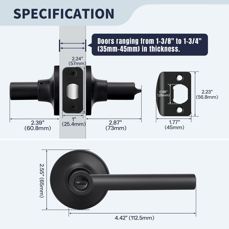 Round Style Door Handle with Privacy Locking, Privacy Reversible Door Lever for Bathroom or Bedroom Door, Matte Black Finish Privacy (Thumb Button Lock)