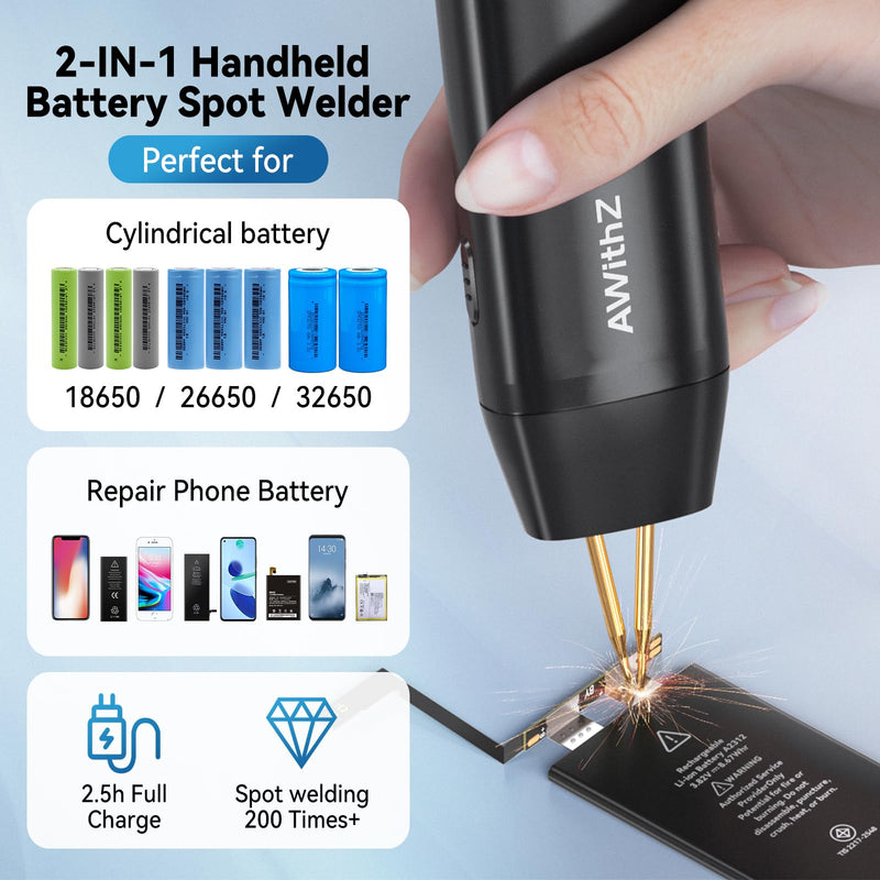 Battery Spot Welder, 11 Gear Adjustable Double-ended Replaceable Pen Tip Spot Welder, Automatic and Manual Modes, Welding Plated Nickel Sheets for DIY 18650 Battery (Black-Upgrade)